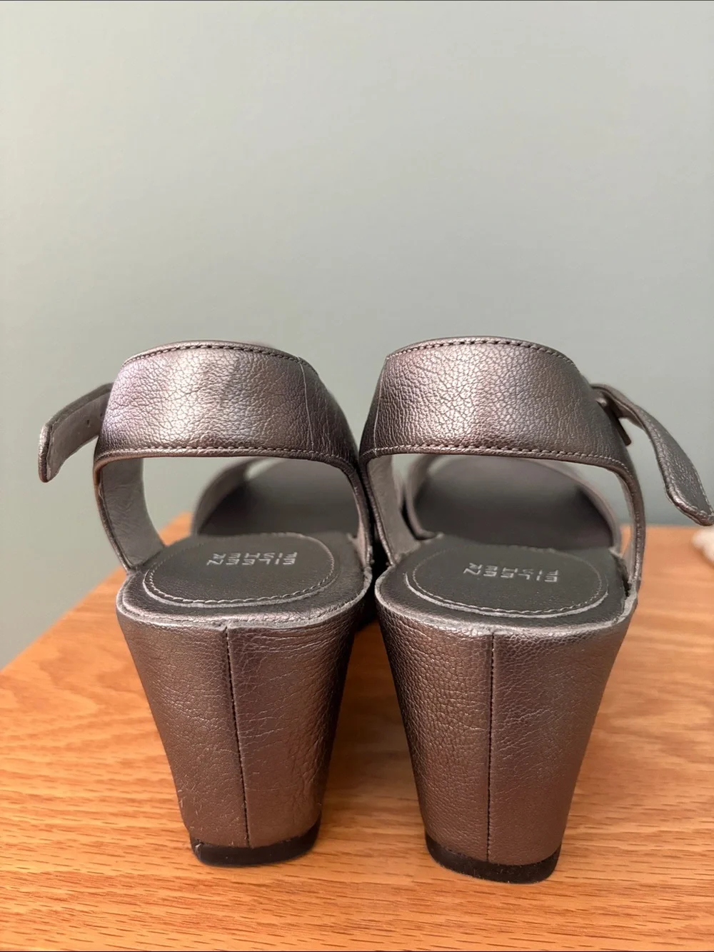 Eileen Fisher Metallic Silver Wedge Sandals with Ankle Strap Size 7 Leather